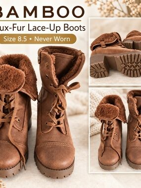 BAMBOO Brown Faux-Fur Lace-Up Combat Boots-Woman's 8.5